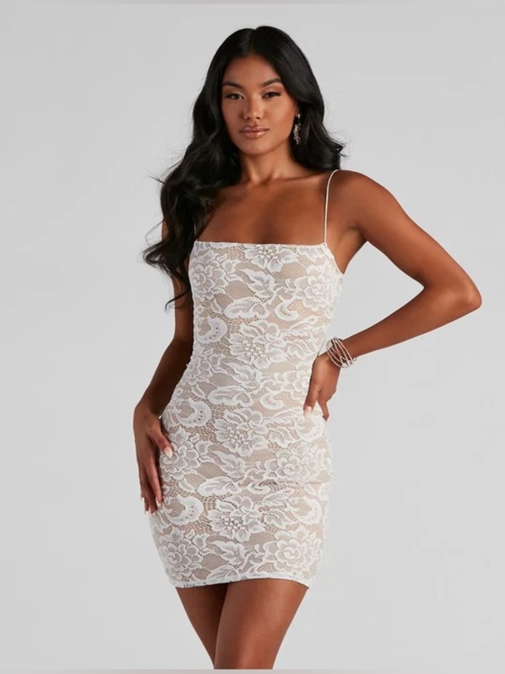 Crystal Doll White Lace Spaghetti-Strap Mini Cocktail Dress